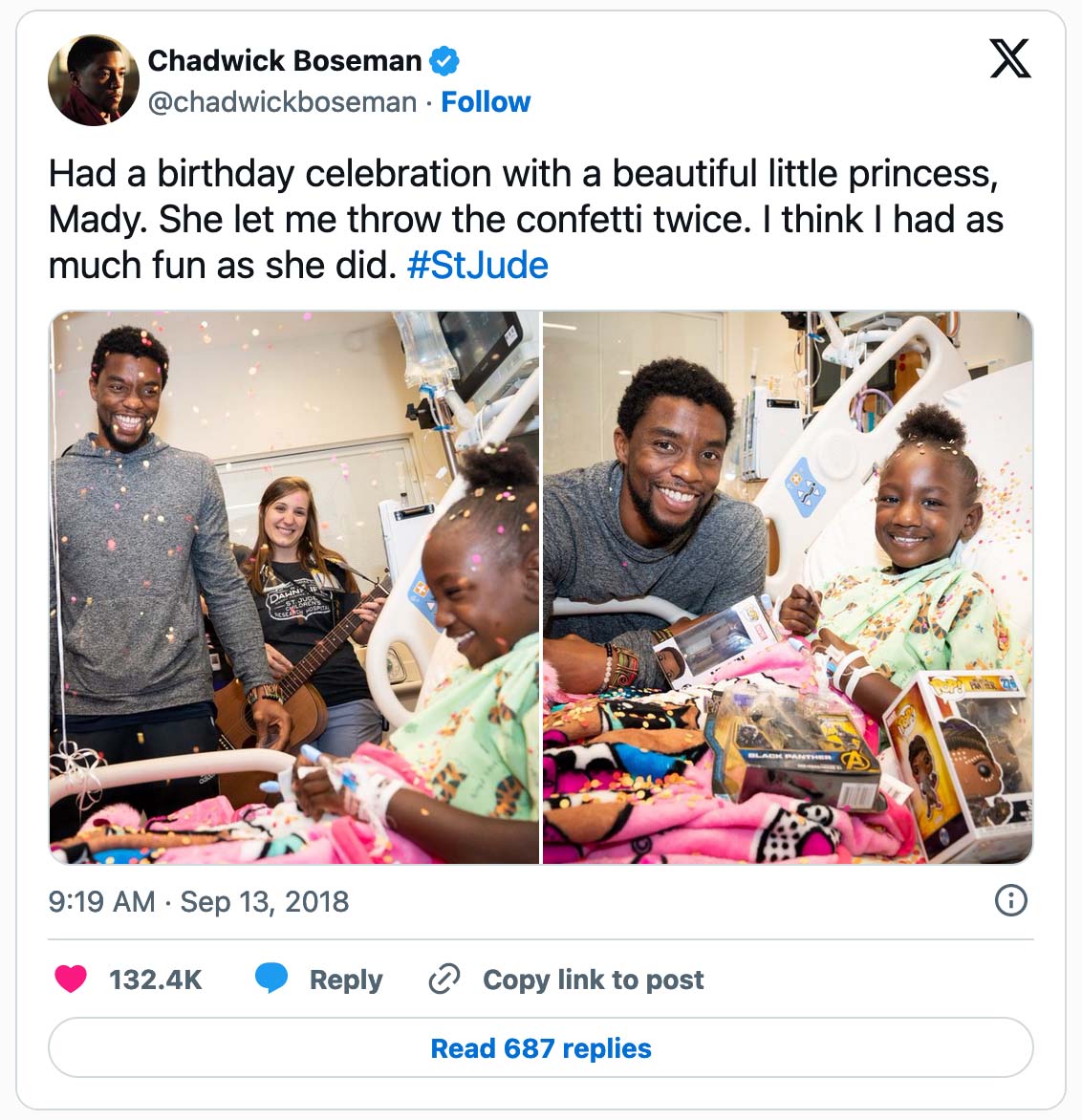 A screenshot of a Twitter/X post about Chadwick Boseman visiting a sick girl at St. Jude Children's Research Hospital.